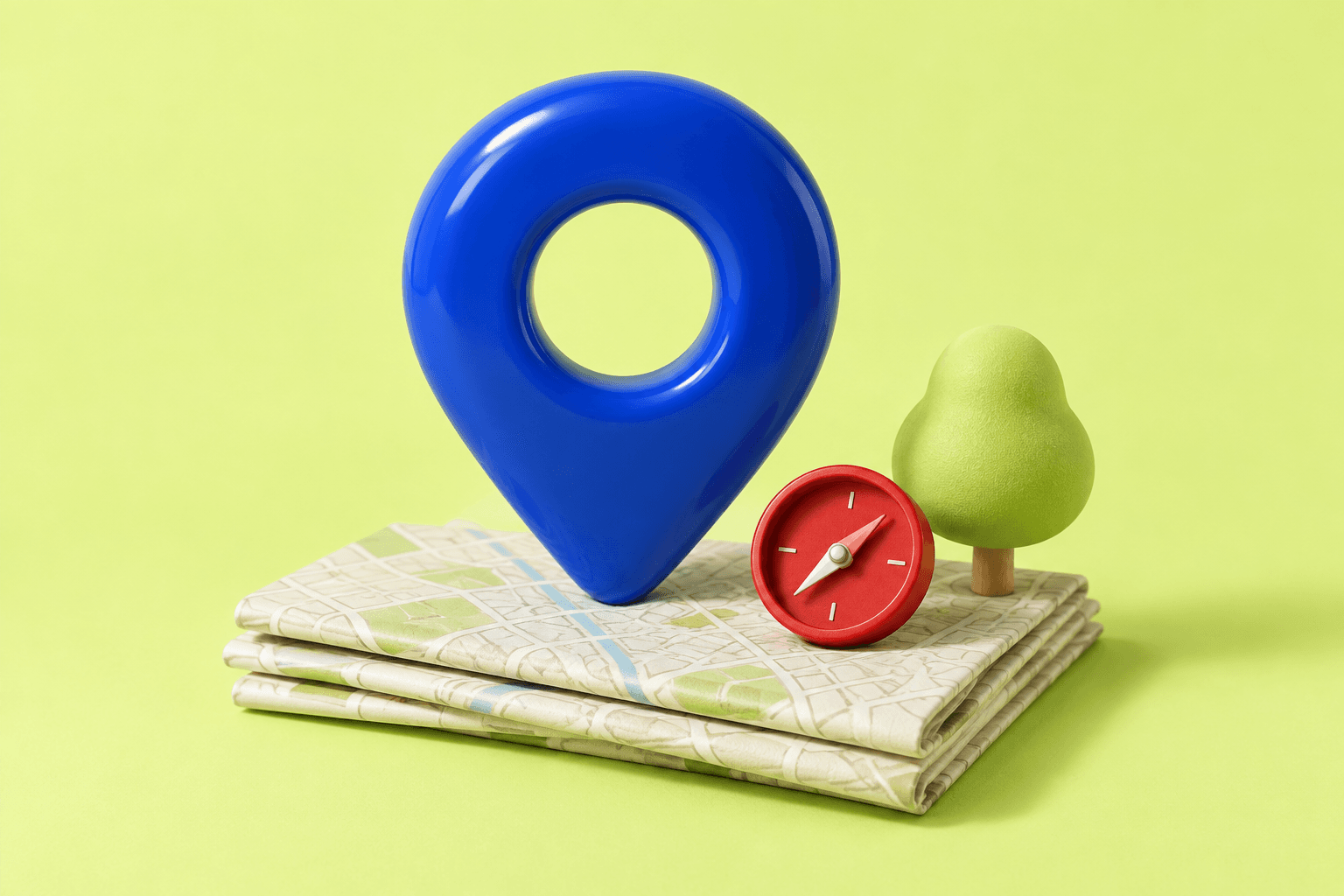 A blue map pin sculpture on a stack of folded maps.